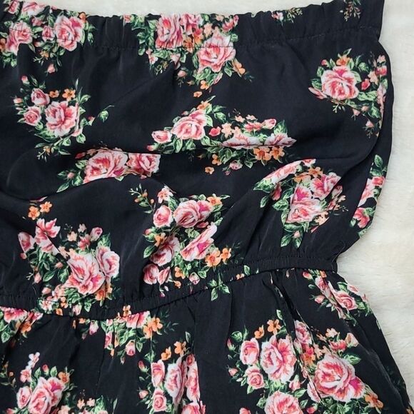 F21 Pink Rose Floral Strapless Romper Pockets Black Shorts Small Stretchy Boho - Picture 5 of 7